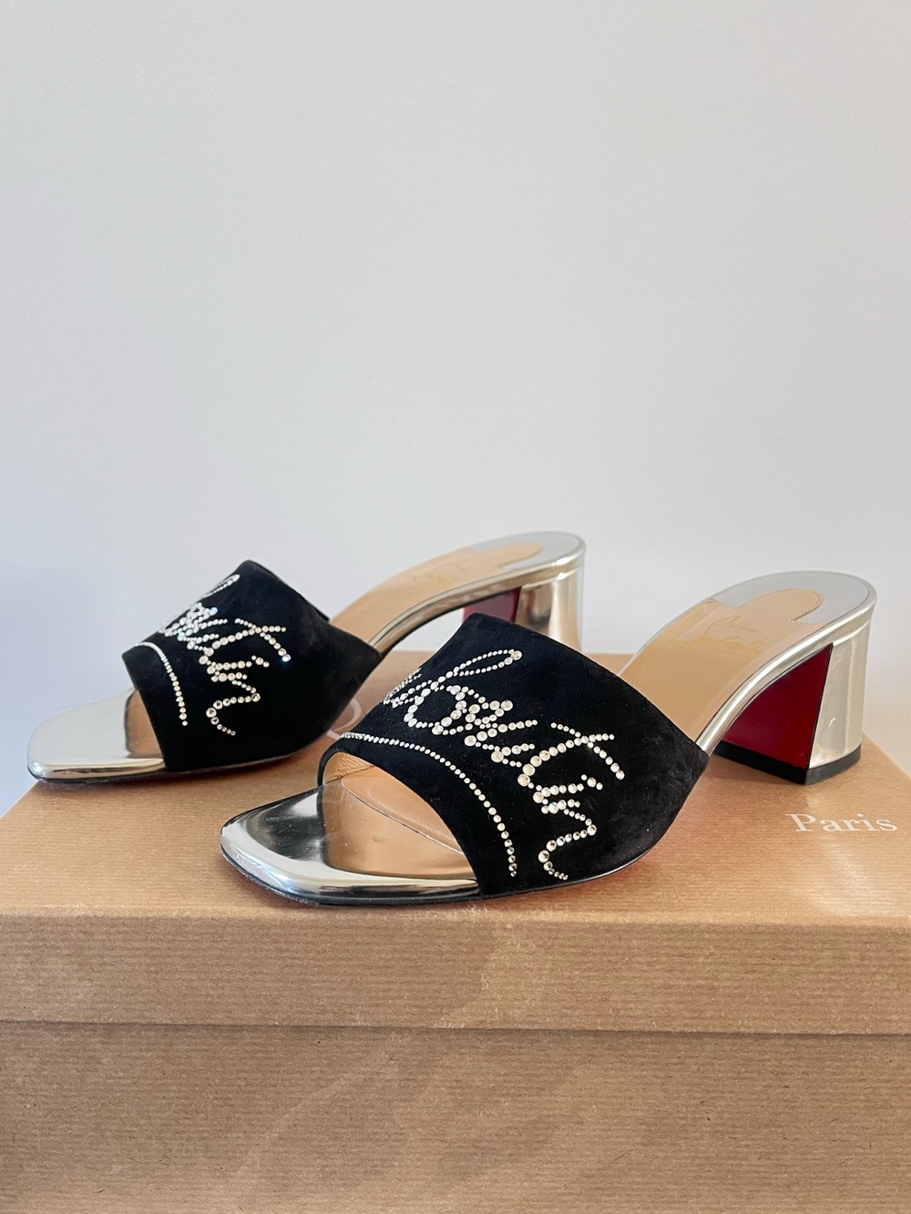 Christian Louboutin Black Suede Crystal Script Slide Sandals with Silver Heel